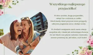 Wesołe życzenia urodzinowe dla koleżanki, dwie przyjaciółki śmieją się radośnie.