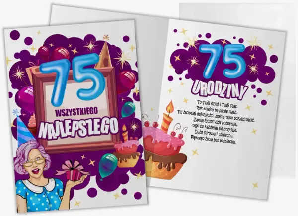 Wesołe kartki z życzeniami na 75 urodziny, z tortem, balonami i wesołą panią.