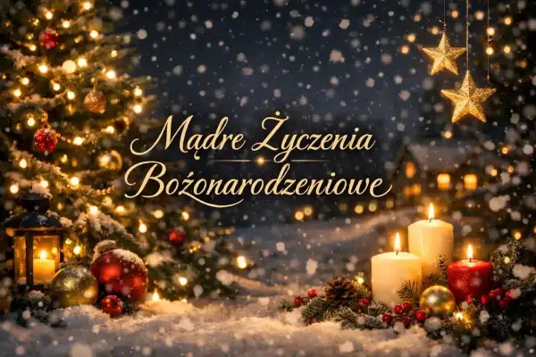 Świąteczna choinka, świece i gwiazdy tworzą magiczną atmosferę. Idealne życzenia bożonarodzeniowe dla mamy.