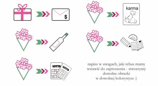 Pomysły na śmieszne teksty do zaproszenia na imprezę: prezent, koperta z kasą, bukiet, butelka, karma, książka, lotto. Stwórz własny rebus!
